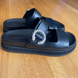 Jimmy Choo Black Leather Crystal-Embellished Marga Slide Sandal Size 38.5